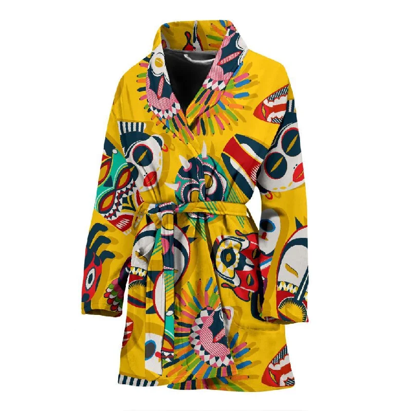 Totem Mask Pattern Print Women Long Robe