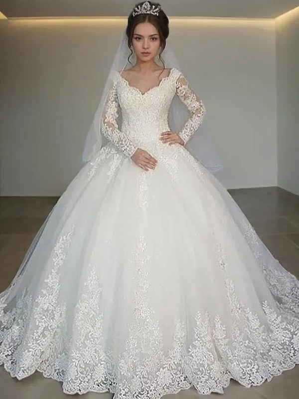 Ball Gown V-neck Court Train Tulle Wedding Dresses