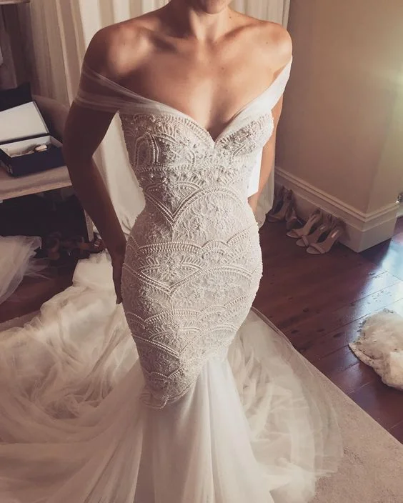 Off Shoulder Mermaid Exquisite Beaded Low Back Sexy Wedding Dress