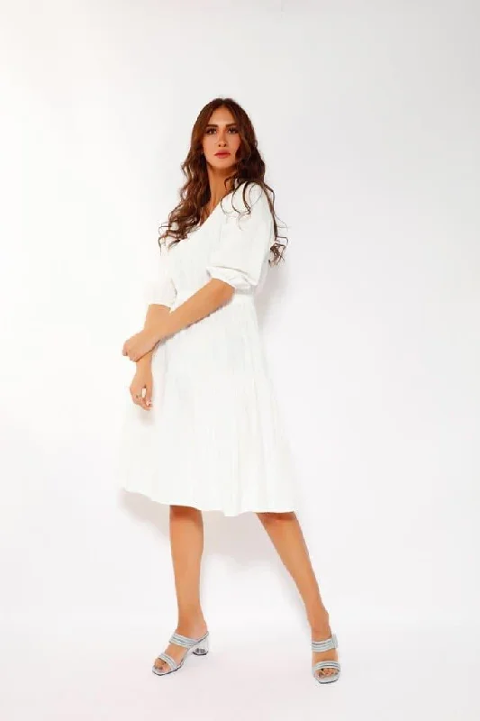 PUFF SLEEVE MIDI DRESS IN WHITE