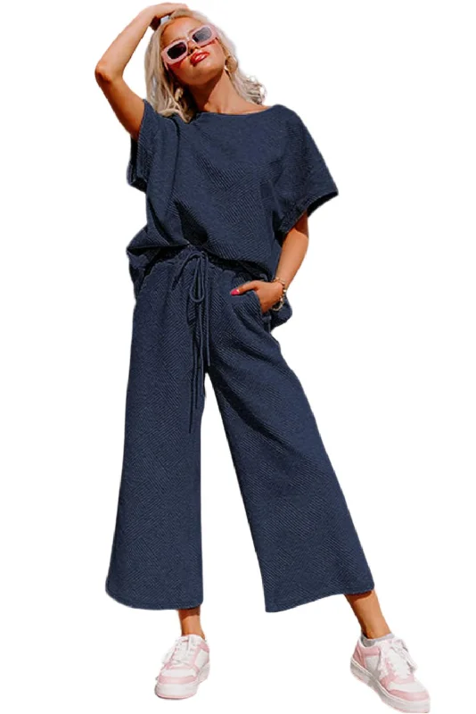 Navy Blue Textured Loose Fit T Shirt and Drawstring Pants