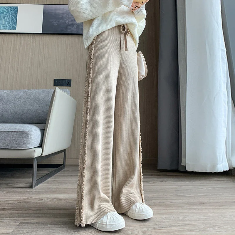 NiDELL Soft Glutinous Side Tassel Knitted Wide-Leg Pants for Women Autumn and Winter . Vertical Sunken Stripe High Waist Drawstring Slimming Casual Mopping Pants