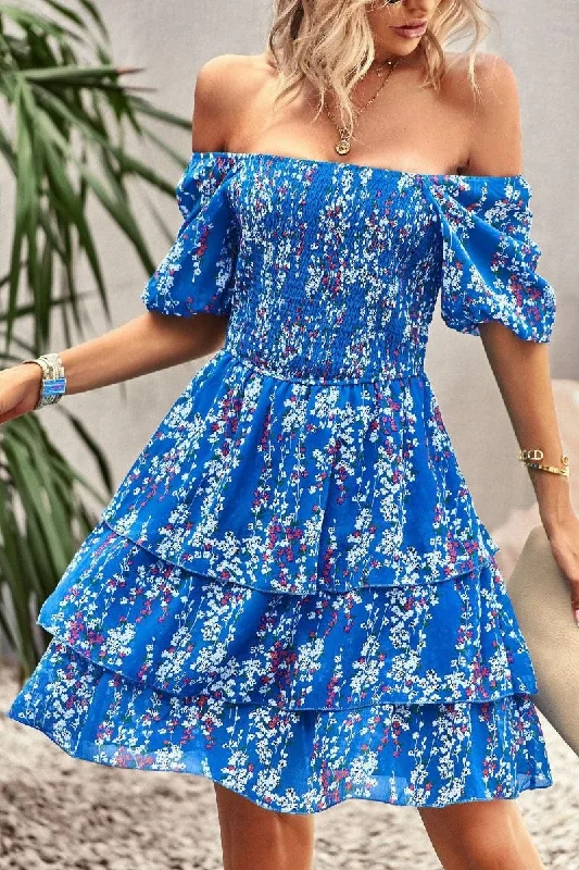 FLORAL PUFF SHOULDER CAKE DRESS