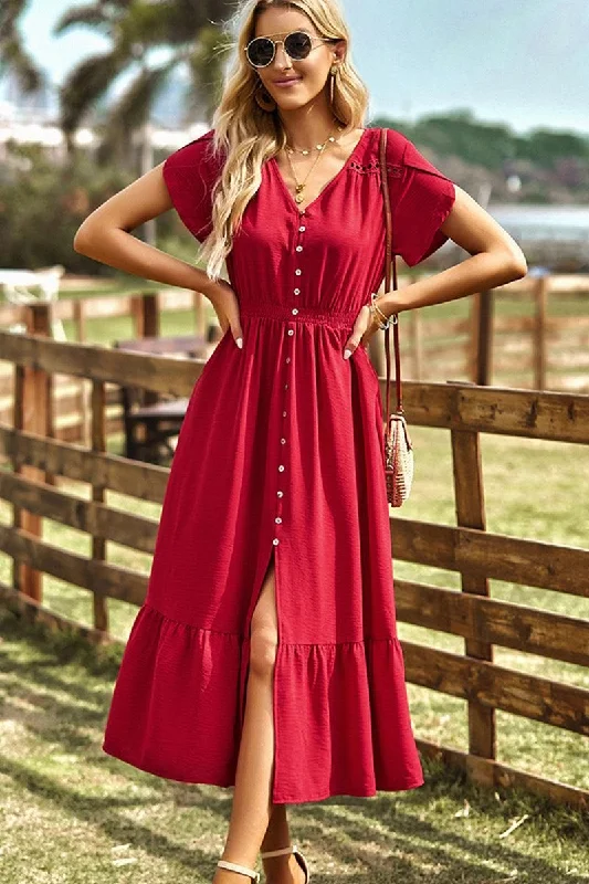 TULIP SLEEVE BUTTON DETAIL FRONT SLIT FLARE DRESS