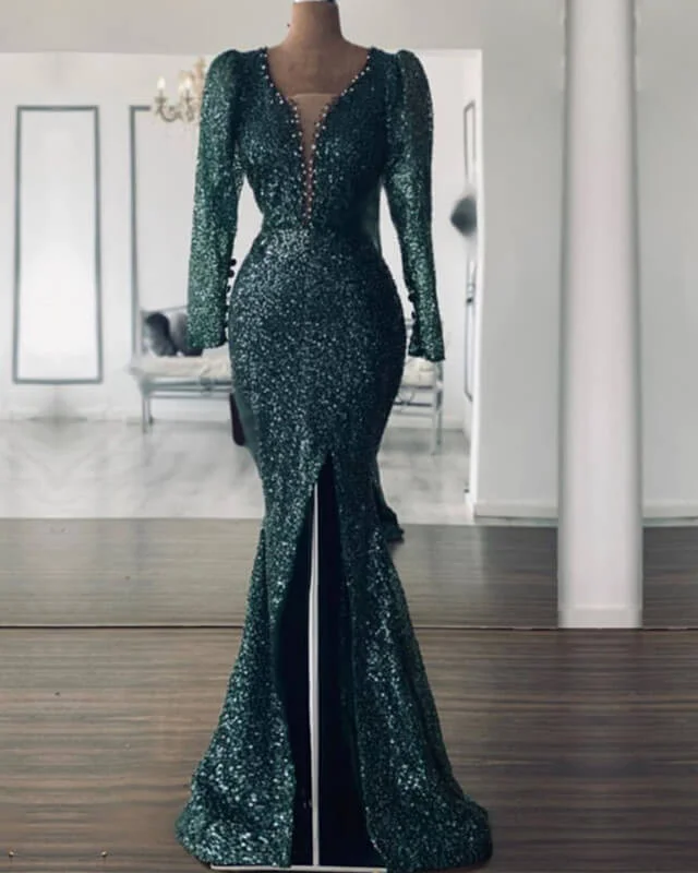 Mermaid Green Long Sleeve Sequin Prom Dress