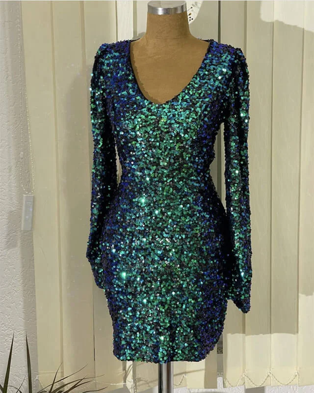 Short Green Sequin Prom Dress Long Sleeve V-neck